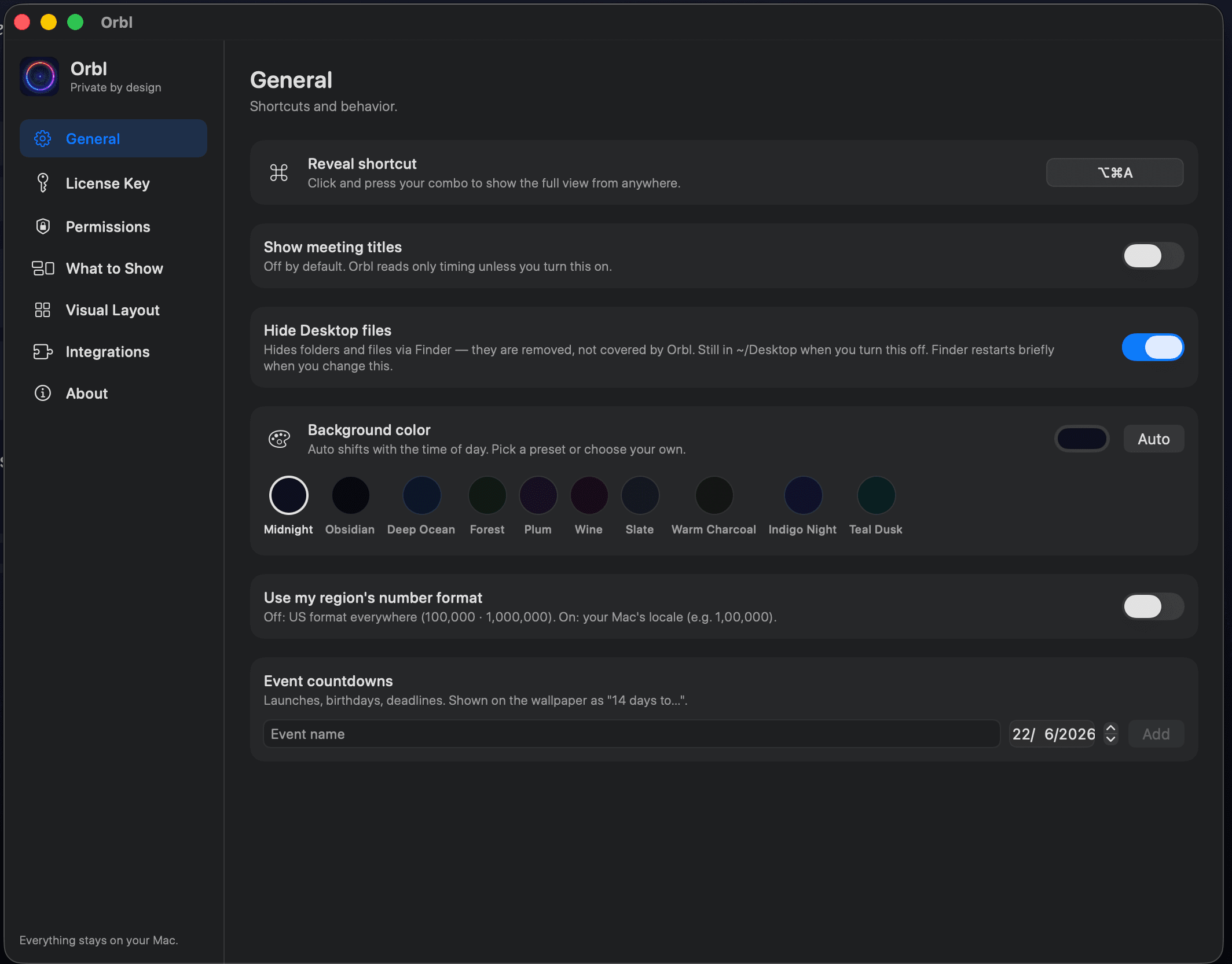 Orbl General settings window