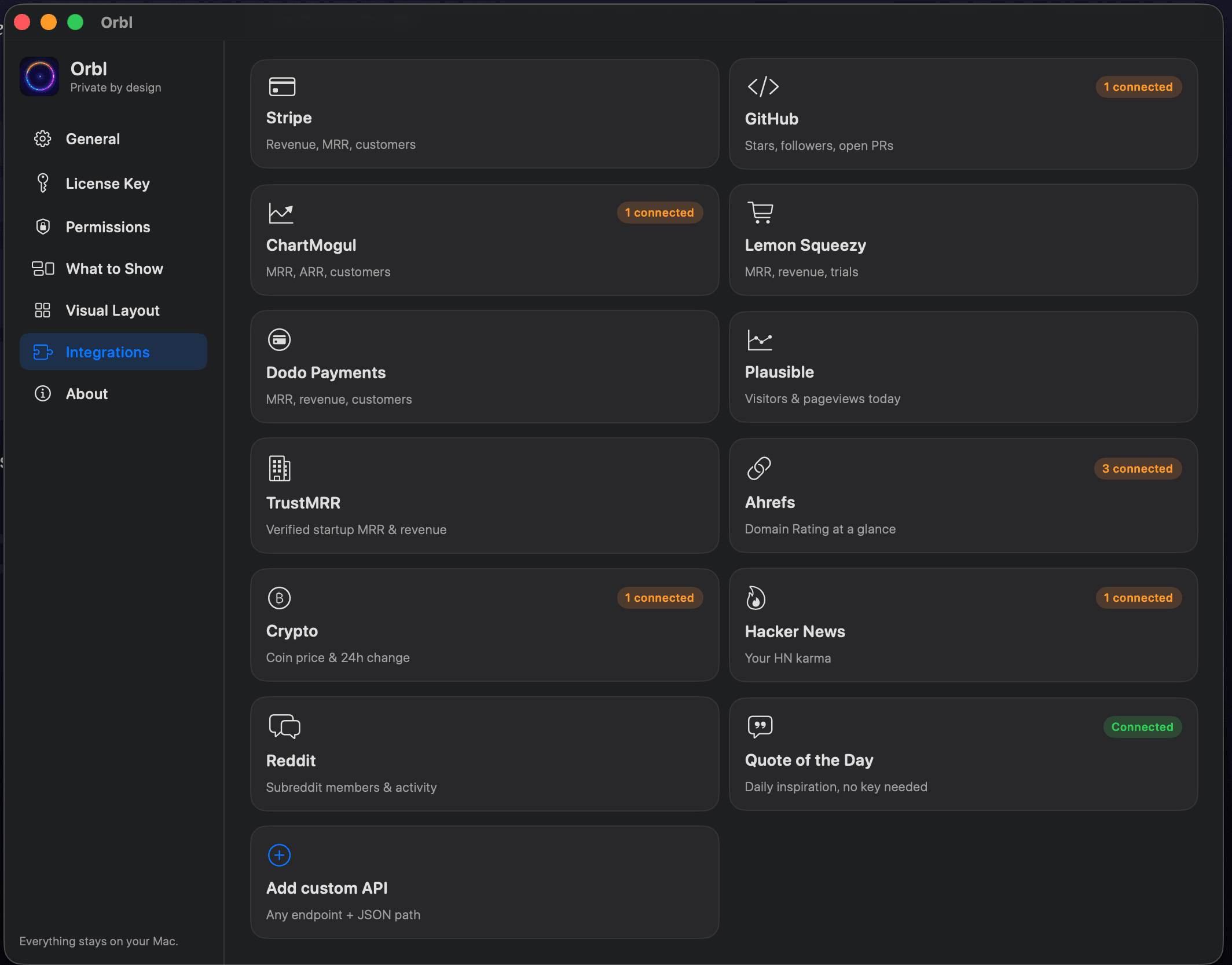 Orbl Integrations settings window