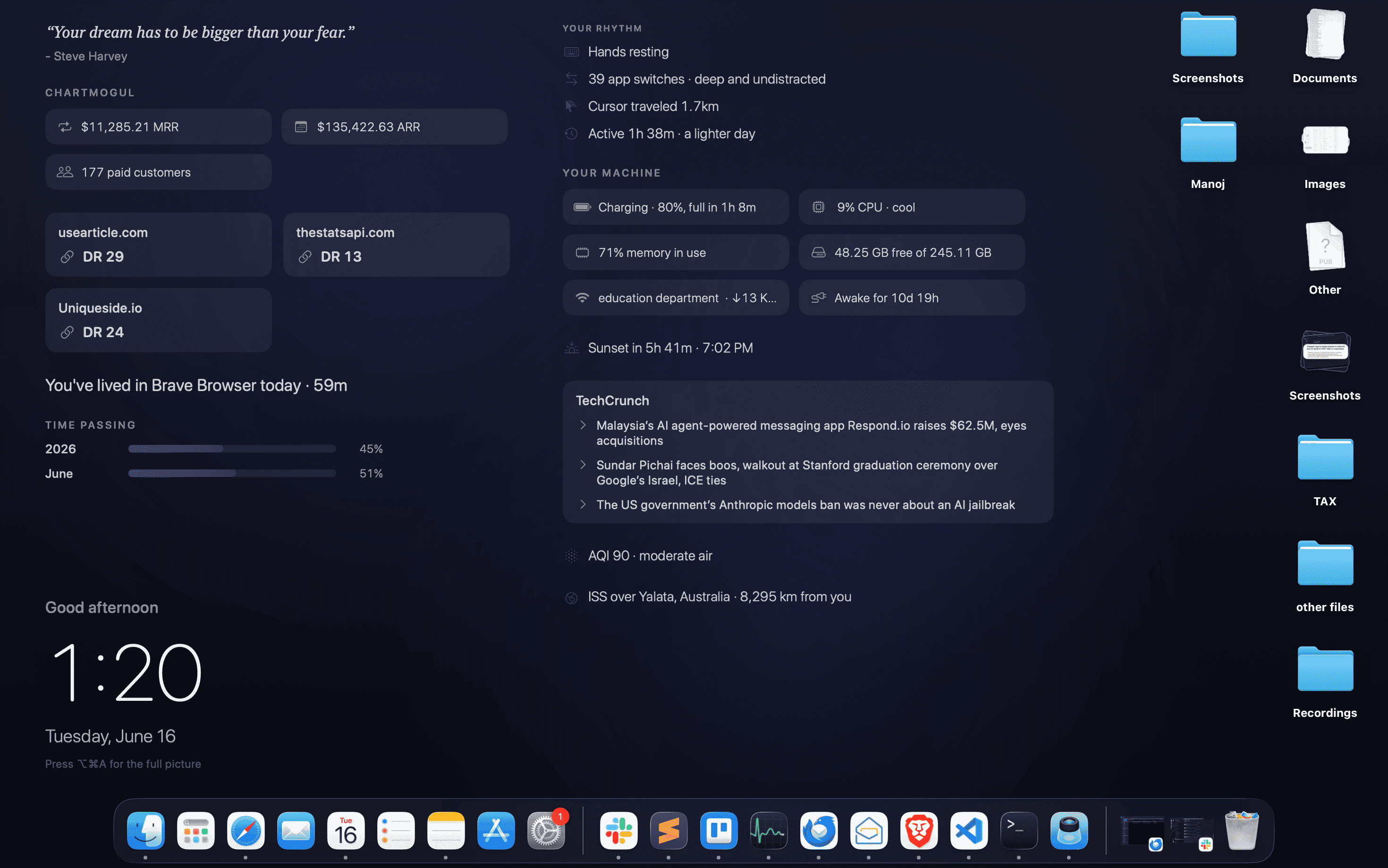 Orbl live wallpaper running on a macOS desktop: clock, rhythm, machine stats, revenue and news on the wallpaper