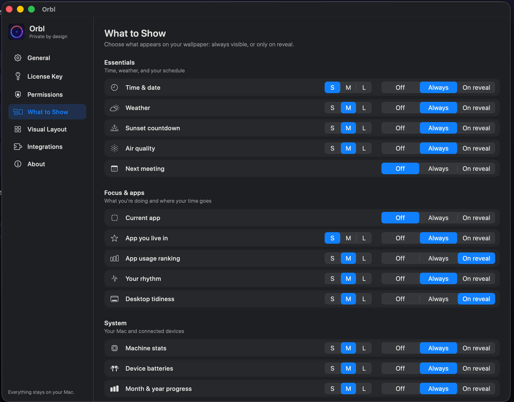 Orbl What to Show settings window